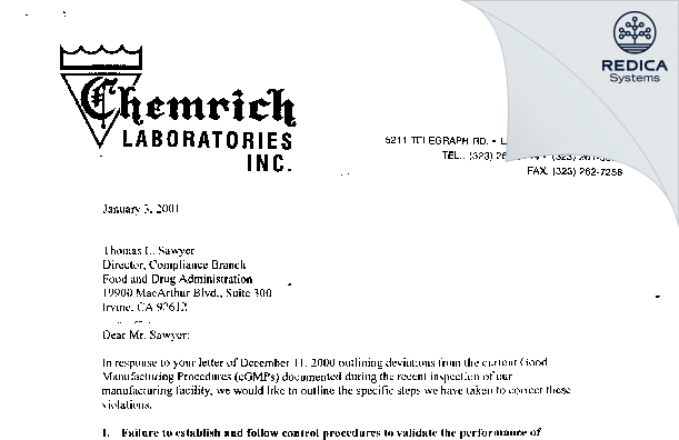 FDA 483 Response - Chemrich Laboratories, Inc [Los Angeles / United States of America] - Download PDF - Redica Systems