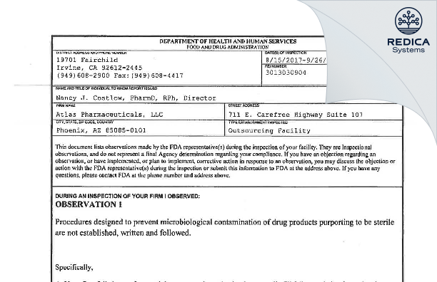 FDA 483 - Atlas Pharmaceuticals, LLC [Phoenix / United States of America] - Download PDF - Redica Systems