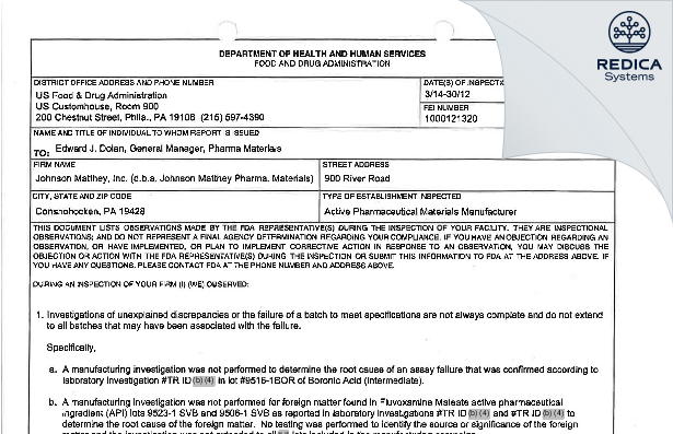FDA 483 - Johnson Matthey Inc. [Conshohocken / United States of America] - Download PDF - Redica Systems