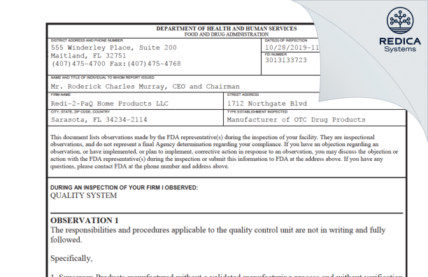 FDA 483 - Redi-2-Paq Home Products, LLC [Florida / United States of America] - Download PDF - Redica Systems