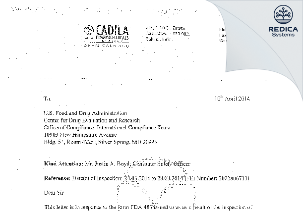 FDA 483 Response - Cadila Pharmaceuticals Limited [India / India] - Download PDF - Redica Systems