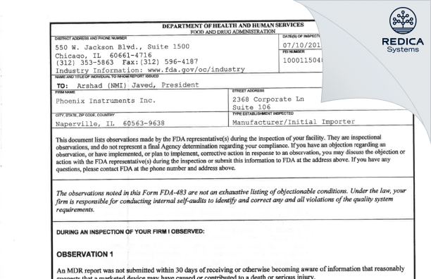 FDA 483 - Phoenix Instruments Inc. [Naperville / United States of America] - Download PDF - Redica Systems