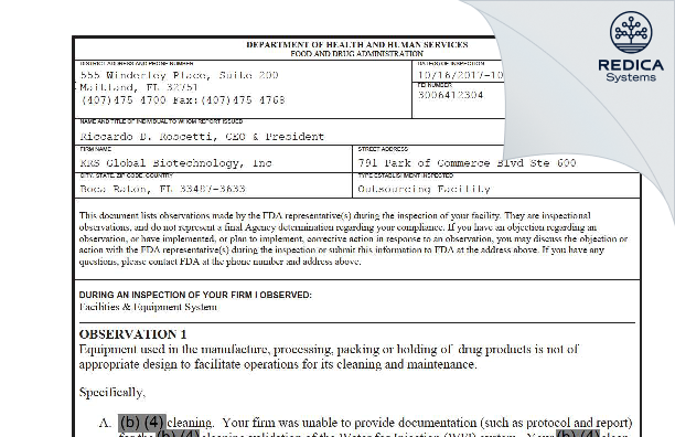 FDA 483 - KRS Global Biotechnology, Inc [Boca Raton / United States of America] - Download PDF - Redica Systems