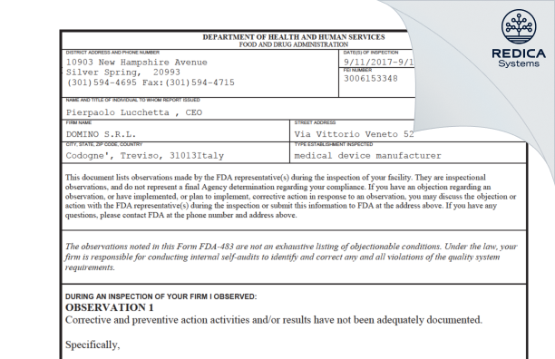 FDA 483 - DOMINO S.R.L. [Codogne' / Italy] - Download PDF - Redica Systems