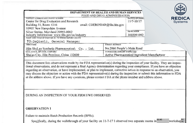 FDA 483 - Jilin Shulan Synthetic Pharmaceutical Co., Ltd. [China / China] - Download PDF - Redica Systems