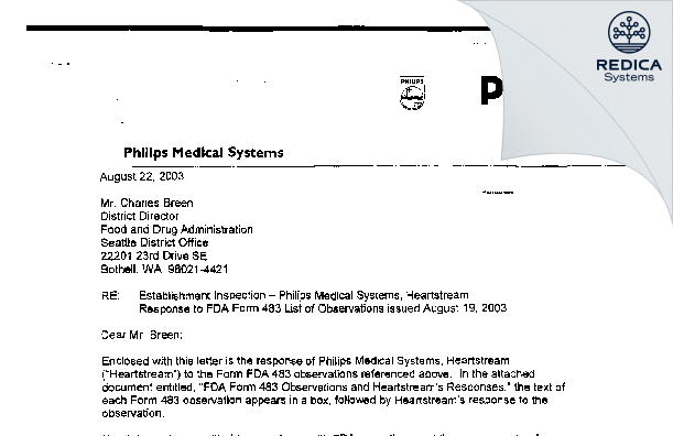 FDA 483 Response - Philips North America LLC [Bothell / United States of America] - Download PDF - Redica Systems