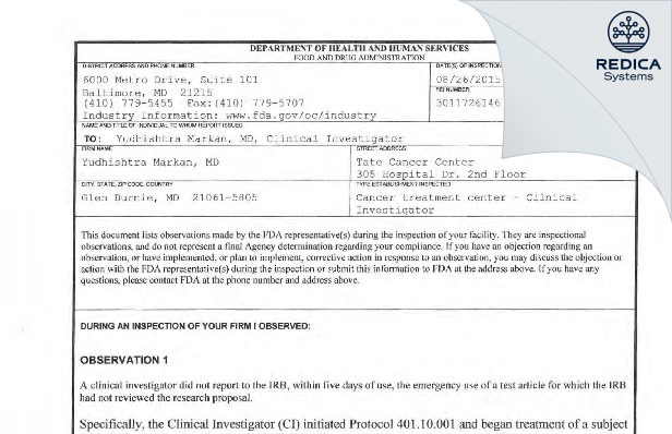 FDA 483 - Yudhishtra Markan, MD [Glen Burnie / United States of America] - Download PDF - Redica Systems