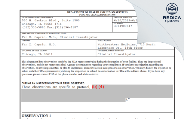 FDA 483 - Fan Z. Caprio, M.D. [Chicago / United States of America] - Download PDF - Redica Systems
