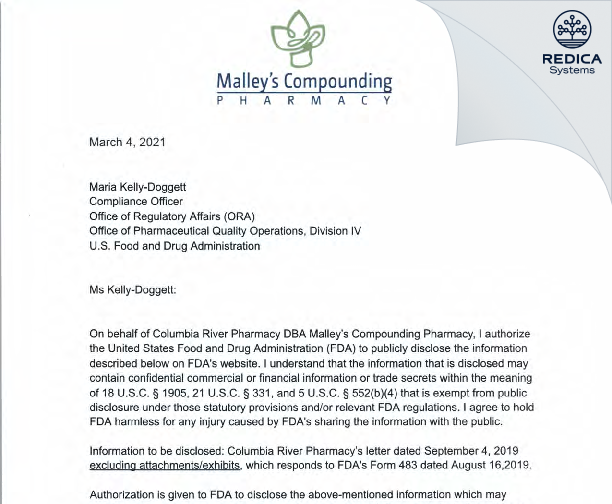 FDA 483 Response - Columbia River Pharmacy LLC (DBA Malley's Compounding Pharmacy) [Richland / United States of America] - Download PDF - Redica Systems