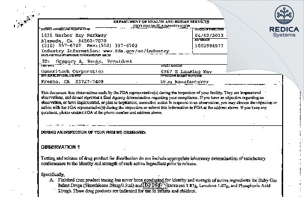 FDA 483 - Generitech Corporation [Fresno / United States of America] - Download PDF - Redica Systems
