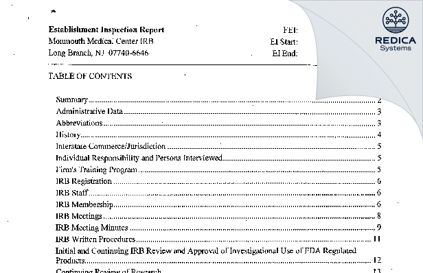 EIR - Monmouth Medical Center IRB [Long Branch / United States of America] - Download PDF - Redica Systems