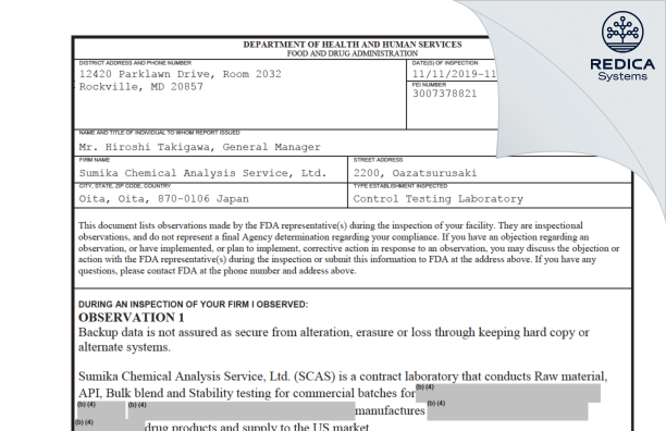 FDA 483 - Sumika Chemical Analysis Service, Ltd. [Oita / Japan] - Download PDF - Redica Systems