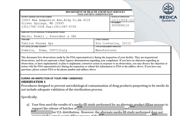 FDA 483 - Tubilux Pharma SpA [Pomezia / Italy] - Download PDF - Redica Systems