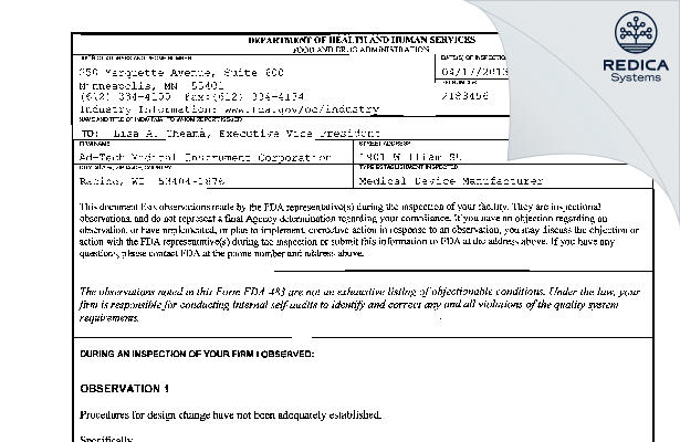 FDA 483 - Ad-Tech Medical Instrument Corporation [Oak Creek / United States of America] - Download PDF - Redica Systems