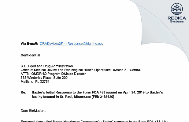 FDA 483 Response - Synovis Life Technologies, Inc. (sub. of Baxter Int'l, Inc.) [Saint Paul / United States of America] - Download PDF - Redica Systems