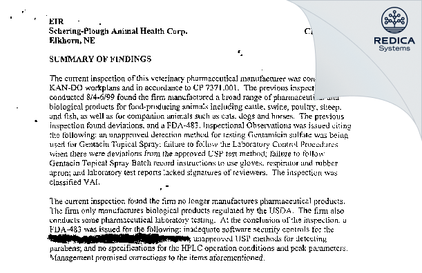 EIR - Schering-Plough Animal Health Corp [Elkhorn / United States of America] - Download PDF - Redica Systems