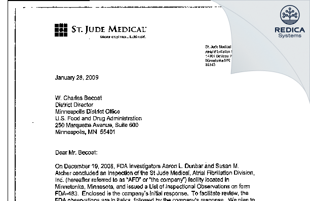 FDA 483 Response - St. Jude Medical Atrial Fibrillation [Minnetonka / United States of America] - Download PDF - Redica Systems