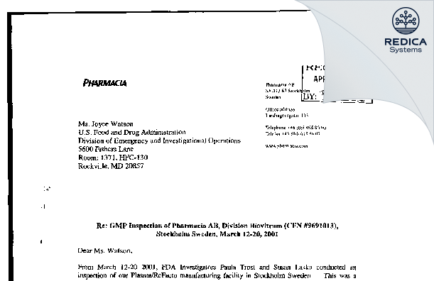 FDA 483 Response - Pharmacia & Upjohn AB [Stockholm / Sweden] - Download PDF - Redica Systems