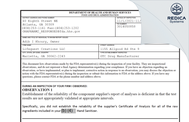 FDA 483 - Lifequest Creations LLC [Marietta / United States of America] - Download PDF - Redica Systems