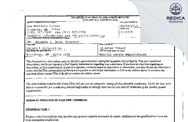 FDA 483 - Pulpdent Corporation [Watertown / United States of America] - Download PDF - Redica Systems