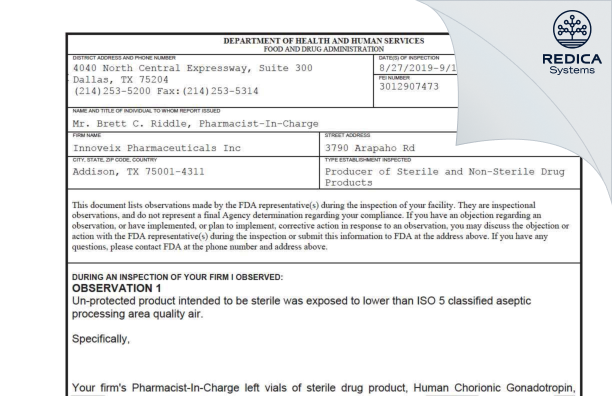 FDA 483 - Innoveix Pharmaceuticals Inc [Addison / United States of America] - Download PDF - Redica Systems