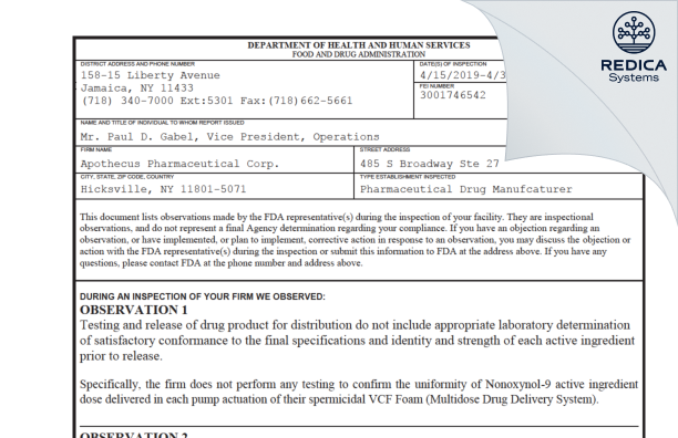 FDA 483 - Apothecus Pharmaceutical Corp. [New York / United States of America] - Download PDF - Redica Systems