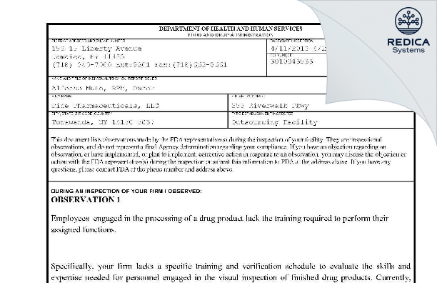 FDA 483 - Pine Pharmaceuticals, LLC [Tonawanda / United States of America] - Download PDF - Redica Systems