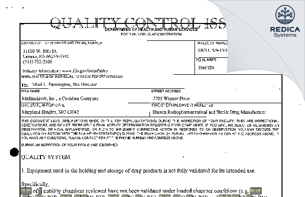 FDA 483 - Curium US LLC [Maryland Heights / United States of America] - Download PDF - Redica Systems