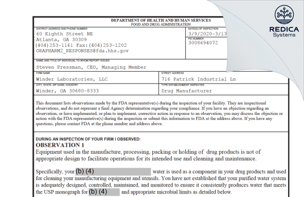 FDA 483 - WINDER LABORATORIES, LLC [Winder / United States of America] - Download PDF - Redica Systems