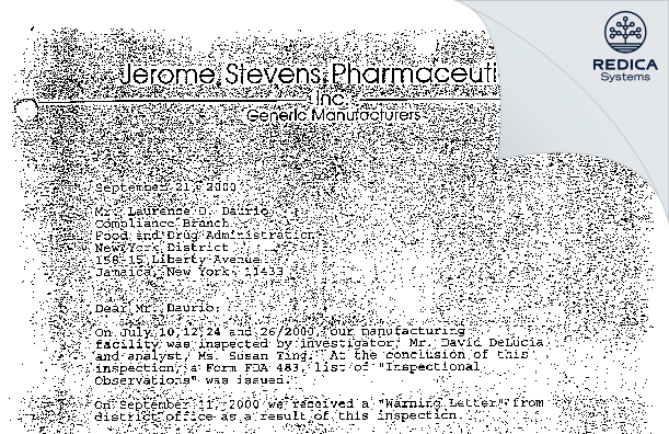 FDA 483 Response - Jerome Stevens Pharmaceuticals, Inc. [New York / United States of America] - Download PDF - Redica Systems
