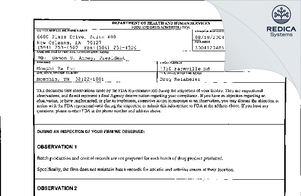 FDA 483 - Memphi Rx Inc [Memphis / United States of America] - Download PDF - Redica Systems