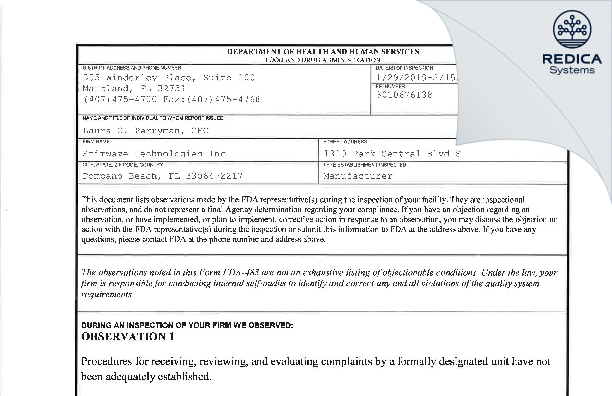 FDA 483 - Curonix LLC [Pompano Beach / United States of America] - Download PDF - Redica Systems