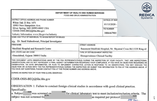 FDA 483 - Medilink Hospital and Research Center [Ahmedabad / India] - Download PDF - Redica Systems