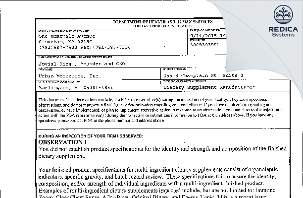 FDA 483 - Urban Moonshine, Inc. [Burlington / United States of America] - Download PDF - Redica Systems