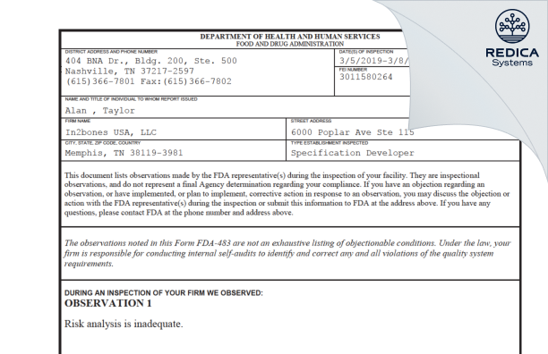 FDA 483 - In2bones USA, LLC [Memphis / United States of America] - Download PDF - Redica Systems