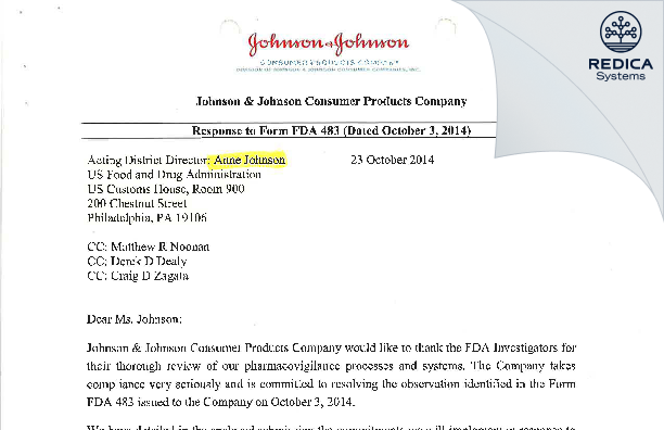 FDA 483 Response - Johnson & Johnson Consumer Products Company [Horsham / United States of America] - Download PDF - Redica Systems