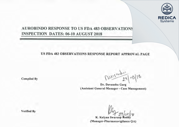 FDA 483 Response - Aurobindo Pharma Limited [India / India] - Download PDF - Redica Systems