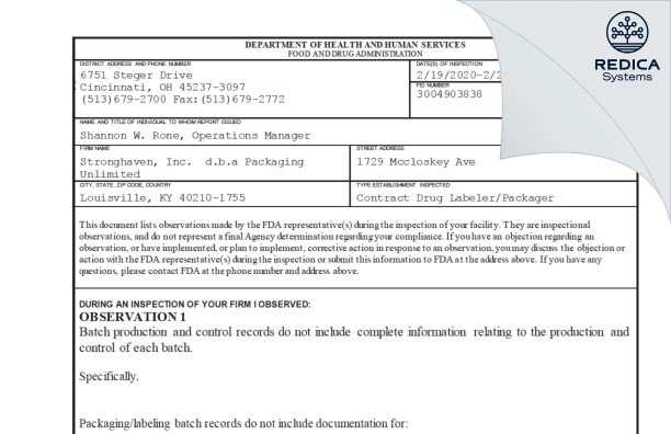 FDA 483 - Packaging Unlimited LLC [Louisville / United States of America] - Download PDF - Redica Systems