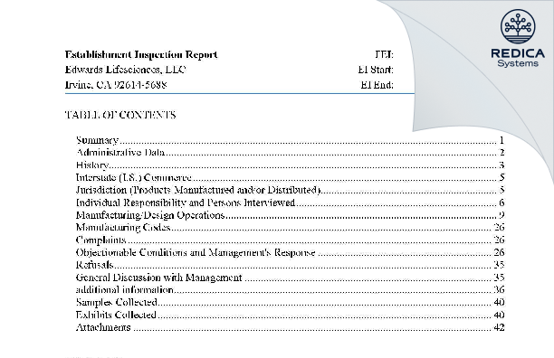 EIR - Edwards Lifesciences, LLC [Irvine / United States of America] - Download PDF - Redica Systems