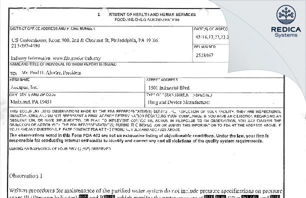FDA 483 - Accupac, LLC [Mainland Pennsylvania / United States of America] - Download PDF - Redica Systems