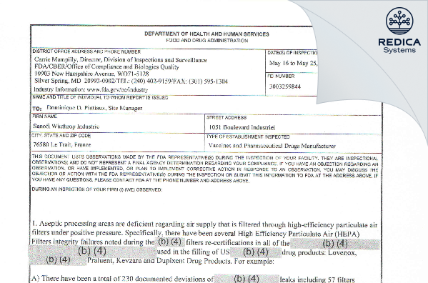 FDA 483 - Sanofi Winthrop Industrie [France / France] - Download PDF - Redica Systems