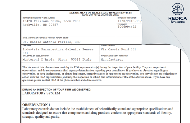 FDA 483 - INDUSTRIA FARMACEUTICA GALENICA SENESE SRL [Italy / Italy] - Download PDF - Redica Systems