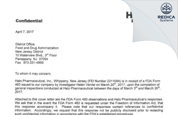 FDA 483 Response - Halo Pharmaceutical Inc [Jersey / United States of America] - Download PDF - Redica Systems