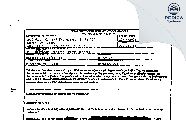 FDA 483 - Merrick Pet Care (Dry Plant), Inc. [Hereford / United States of America] - Download PDF - Redica Systems