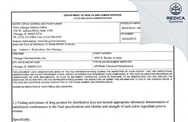 FDA 483 - Vantage Oleochemicals, Inc. [Chicago / United States of America] - Download PDF - Redica Systems