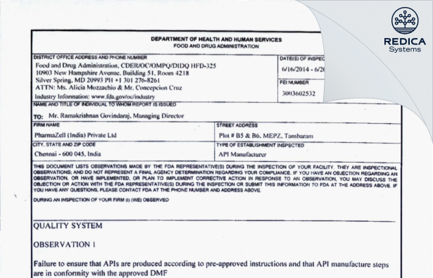 FDA 483 - PharmaZell (India) Private Limited [India / India] - Download PDF - Redica Systems