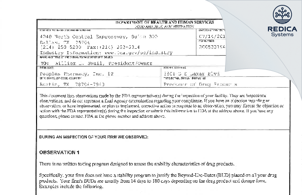 FDA 483 - Peoples Pharmacy, Inc. [Austin / United States of America] - Download PDF - Redica Systems