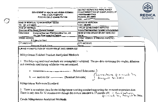 FDA 483 - Shanghai Hua Lian Pharmaceutical Co., Ltd. Xin Lian Pharmaceutical Factory [Shanghai / China] - Download PDF - Redica Systems