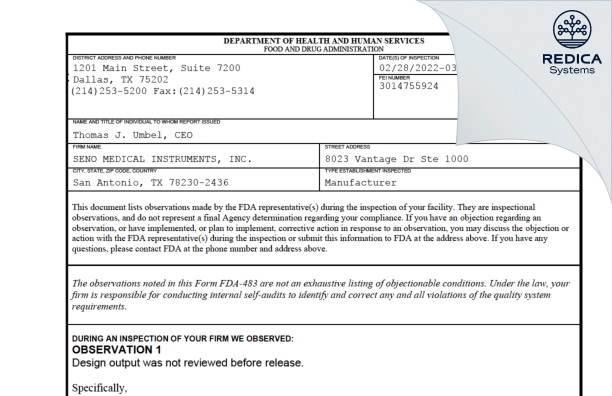 FDA 483 - SENO MEDICAL INSTRUMENTS, INC. [San Antonio / United States of America] - Download PDF - Redica Systems