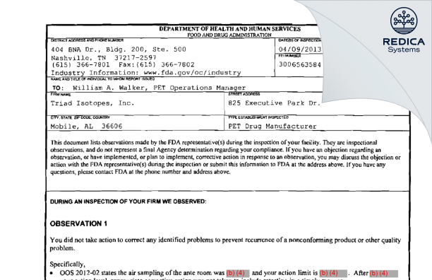 FDA 483 - Jubilant DraxImage Inc., dba Jubilant Radiopharma [Mobile / United States of America] - Download PDF - Redica Systems